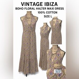 Vintage Ibiza Bohemian Maxi Dress L – Halter Tie, Floral Print, Cotton